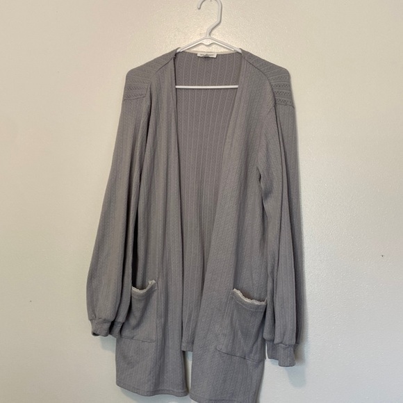 Blu Pepper Blue Grey Cotton Poly Pocket Lace Cardigan Medium
